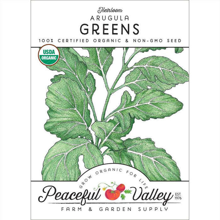 Organic Heirloom Arugula Greens seed packet. USDA certified, non-GMO. Features arugula plant illustration & Peaceful Valley logo.