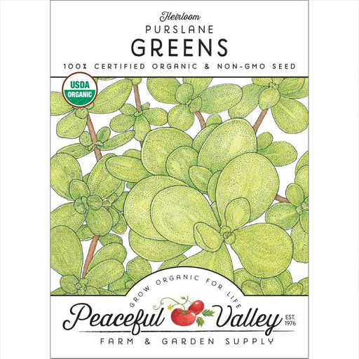 Heirloom Purslane Greens seed packet. USDA Organic, non-GMO seeds from Peaceful Valley Farm & Garden.