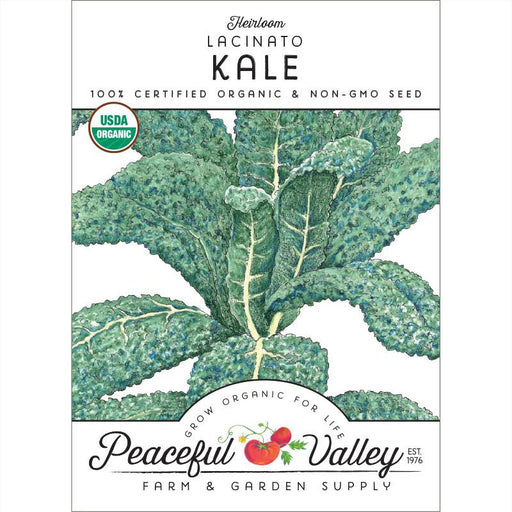 Heirloom Lacinato Kale organic non-GMO seed packet with USDA seal. Dark green kale plant illustration. Peaceful Valley.