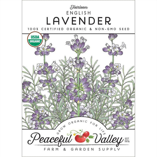 Heirloom English Lavender organic non-GMO seed packet with purple flowers, USDA Organic seal, and Peaceful Valley logo.