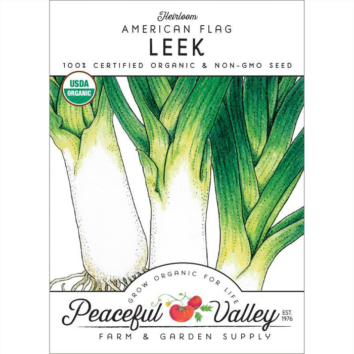 Heirloom American Flag Leek organic vegetable seed packet. USDA certified, non-GMO. Peaceful Valley Farm & Garden Supply.