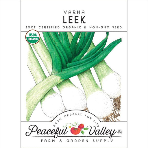 Varna Leek 100% Certified Organic & Non-GMO seed packet. Fresh leek vegetables, USDA Organic. Peaceful Valley.