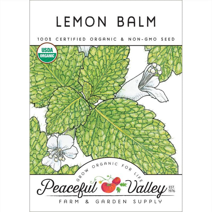 USDA Organic Lemon Balm non-GMO seed packet from Peaceful Valley, featuring green leaves and white flowers.