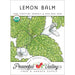 USDA Organic Lemon Balm non-GMO seed packet from Peaceful Valley, featuring green leaves and white flowers.
