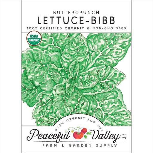 Organic Buttercrunch Bibb Lettuce seed packet. USDA certified, non-GMO for fresh home garden vegetables.