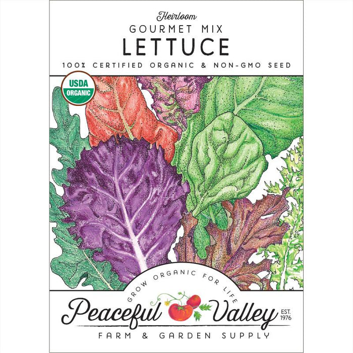 Peaceful Valley Heirloom Gourmet Mix Lettuce seed packet. USDA Organic, Non-GMO, colorful red, purple, green leaves.