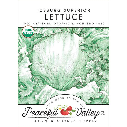 Iceburg Superior Lettuce organic non-GMO seed packet. USDA certified, Peaceful Valley Farm & Garden Supply.