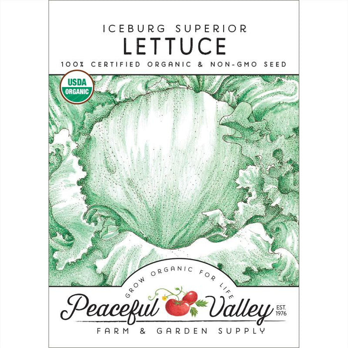 Iceburg Superior Lettuce organic non-GMO seed packet. USDA certified, Peaceful Valley Farm & Garden Supply.