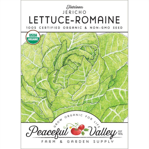 Heirloom Jericho Romaine Lettuce seed packet. 100% Certified Organic, Non-GMO seeds. USDA Organic, Peaceful Valley.