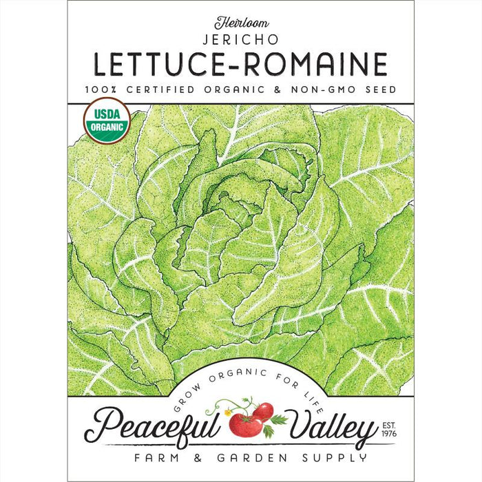 Heirloom Jericho Romaine Lettuce seed packet. 100% Certified Organic, Non-GMO seeds. USDA Organic, Peaceful Valley.
