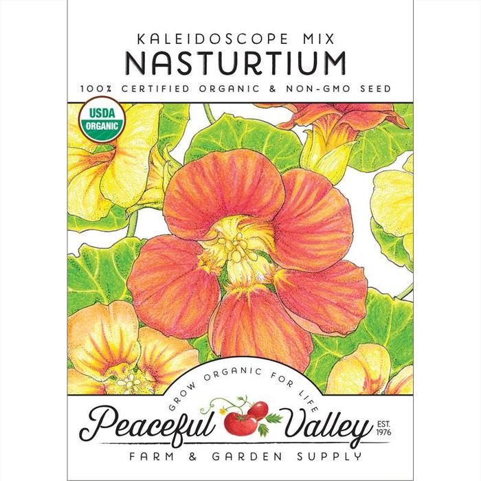 Kaleidoscope Mix Nasturtium organic seeds packet. Vibrant orange and yellow edible flowers, USDA Certified Organic, Non-GMO.