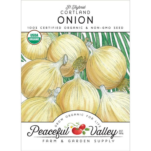 F1 Hybrid Cortland Onion organic seed packet by Peaceful Valley. USDA non-GMO, light-yellow onions for garden.