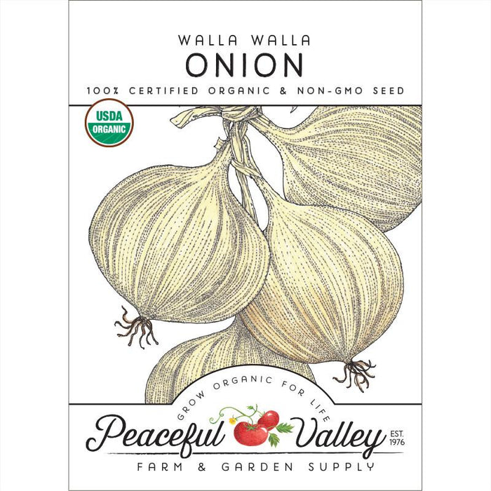 Peaceful Valley Walla Walla Onion 100% Certified Organic Non-GMO Seed packet. Sweet heirloom onions for home gardens.