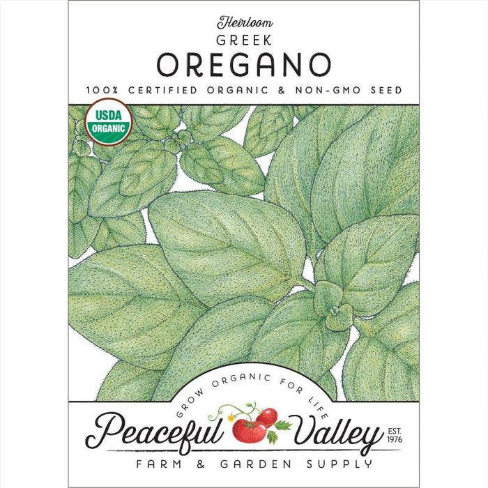 Heirloom Greek Oregano organic seed packet. USDA certified, non-GMO. Fresh green oregano leaves illustration. Peaceful Valley.