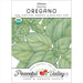 Heirloom Greek Oregano organic seed packet. USDA certified, non-GMO. Fresh green oregano leaves illustration. Peaceful Valley.