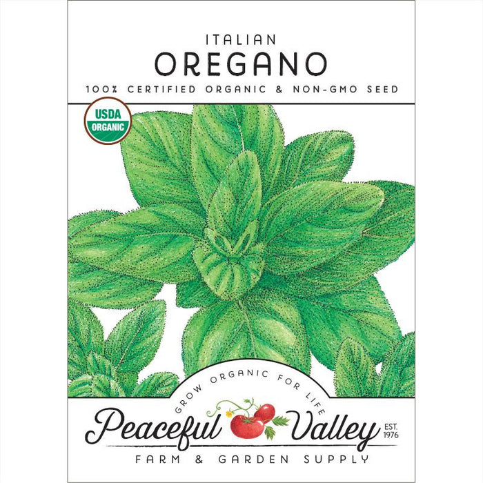Italian Oregano organic non-GMO seed packet. Green herb illustration, USDA Organic. Peaceful Valley Farm & Garden Supply.
