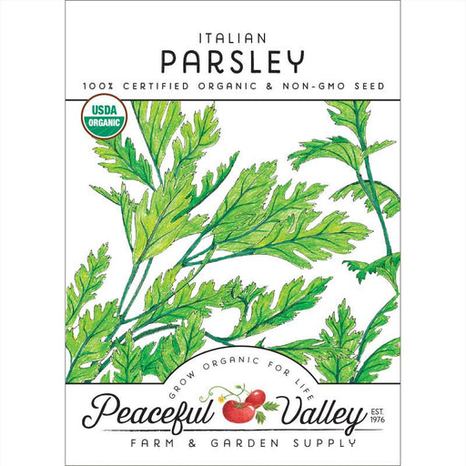 Italian parsley organic non-GMO seed packet. USDA Organic herb seeds from Peaceful Valley Farm & Garden Supply.