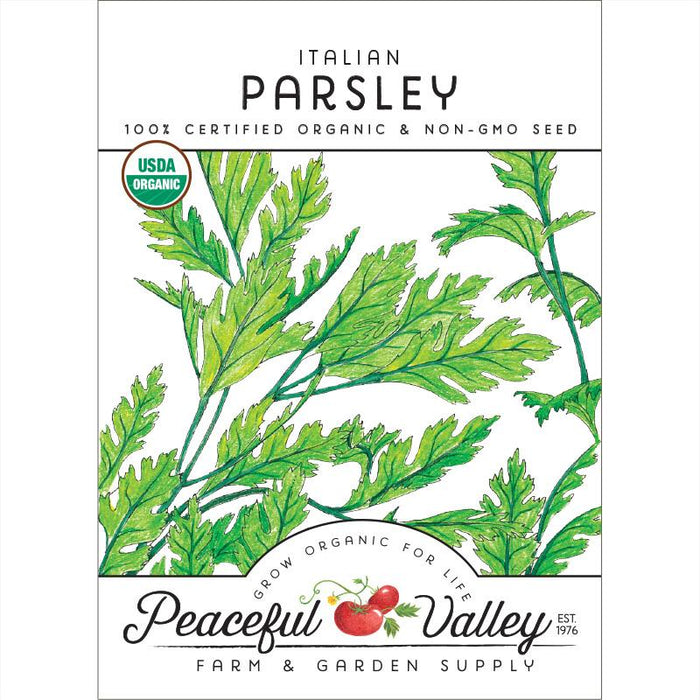 Italian parsley organic non-GMO seed packet. USDA Organic herb seeds from Peaceful Valley Farm & Garden Supply.