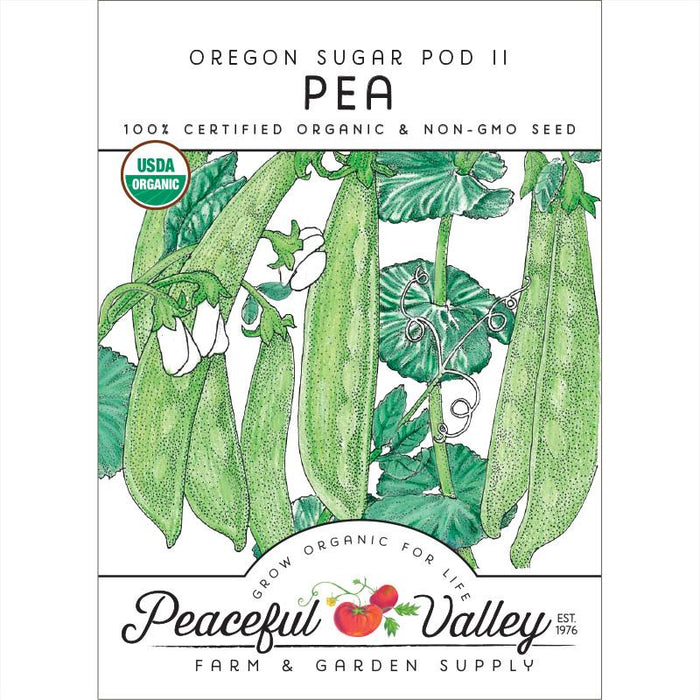 Oregon Sugar Pod II Pea organic non-GMO seed packet. Green pea pods, plants, white flowers. Peaceful Valley Farm Supply.