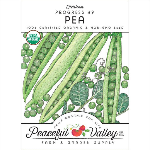 Heirloom Progress #9 Pea organic non-GMO seed packet. Green pea pods, loose peas, leaves, Peaceful Valley.