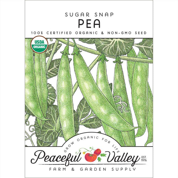 Sugar Snap Pea organic seed packet. USDA Organic, Non-GMO. Green pods on vine. Peaceful Valley Farm & Garden Supply.