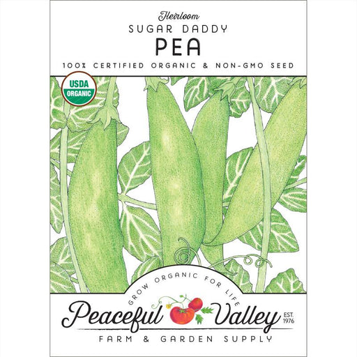 Heirloom Sugar Daddy Pea seeds. USDA Organic, Non-GMO. Green pea pods on packet. Peaceful Valley Garden Supply.