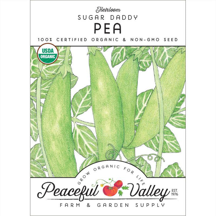 Heirloom Sugar Daddy Pea seeds. USDA Organic, Non-GMO. Green pea pods on packet. Peaceful Valley Garden Supply.