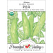 Heirloom Sugar Daddy Pea seeds. USDA Organic, Non-GMO. Green pea pods on packet. Peaceful Valley Garden Supply.