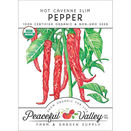 Hot Cayenne Slim Pepper organic non-GMO seeds. Red chili illustration, USDA Organic. Peaceful Valley Garden Supply.
