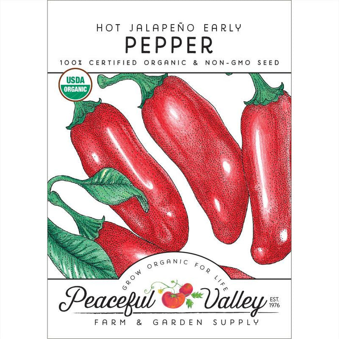 Peaceful Valley Hot Jalapeño Early Pepper organic non-GMO seed packet. Red peppers illustration, USDA Organic.