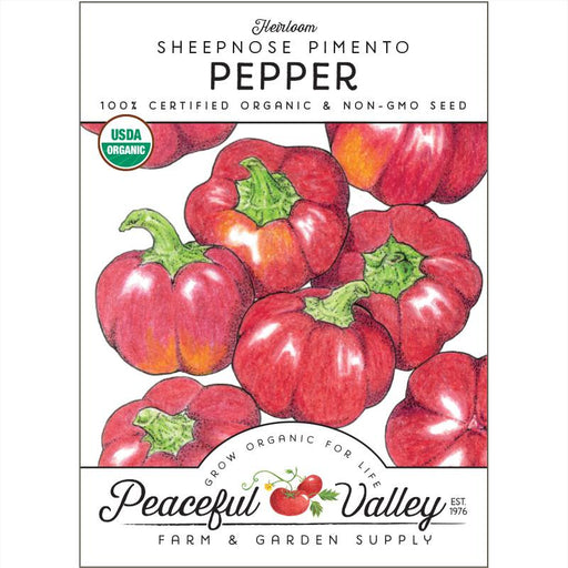 Heirloom Sheepnose Pimento Pepper seed packet featuring red organic, non-GMO sweet peppers. Peaceful Valley garden seeds.