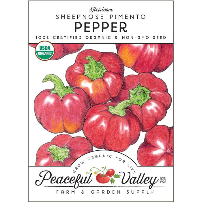 Heirloom Sheepnose Pimento Pepper seed packet featuring red organic, non-GMO sweet peppers. Peaceful Valley garden seeds.
