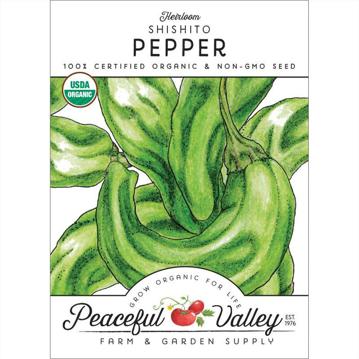 Heirloom Shishito Pepper organic, non-GMO seed packet. Features green peppers, USDA certified. Peaceful Valley.