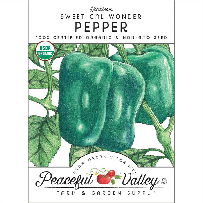 Heirloom Sweet Cal Wonder organic bell pepper seeds. USDA Certified Non-GMO green pepper seed packet from Peaceful Valley.