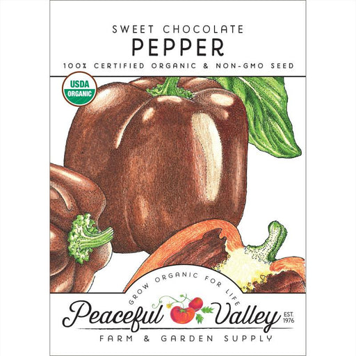 Sweet Chocolate Pepper organic seeds. Non-GMO brown bell peppers, whole and sliced. Peaceful Valley Farm & Garden Supply.