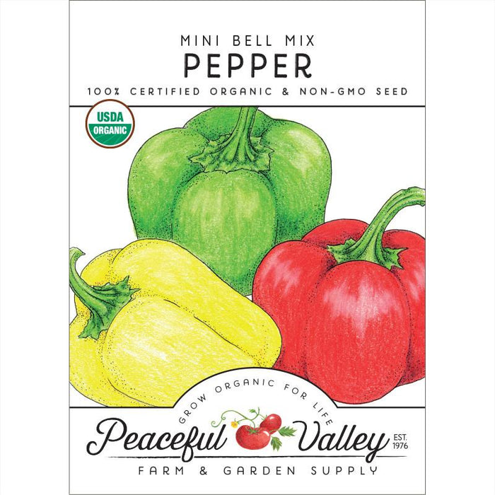 Organic Mini Bell Mix Pepper seeds packet with green, yellow, red peppers. USDA Organic, Non-GMO. Peaceful Valley.