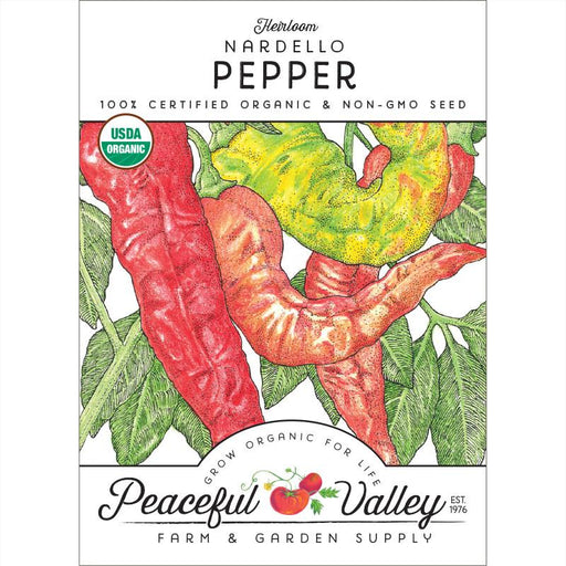Heirloom Nardello Pepper organic non-GMO seed packet. Red, orange, green peppers illustration, USDA Organic. Peaceful Valley.