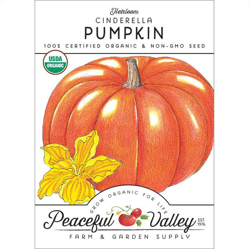 USDA Organic Heirloom Cinderella Pumpkin non-GMO seed packet. Features vibrant pumpkin art, yellow flower, Peaceful Valley brand.
