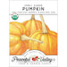 Small Sugar Pumpkin organic non-GMO seed packet from Peaceful Valley. USDA Organic certified, with three orange pumpkins.