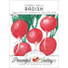 Cherry Belle Radish certified organic non-GMO seed packet. Red radishes, green leaves. USDA Organic, Peaceful Valley.