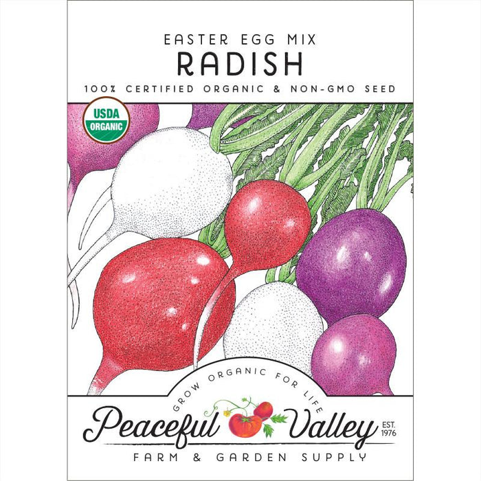 Peaceful Valley Easter Egg Mix Radish organic seed packet for garden. Red, white, purple radishes. USDA Organic, Non-GMO.
