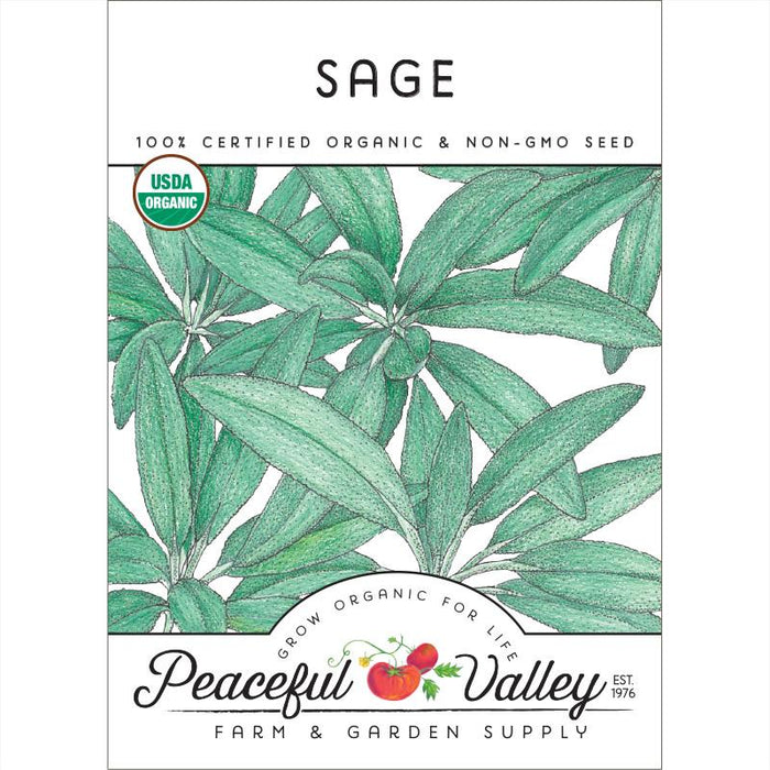 Organic non-GMO Sage seed packet by Peaceful Valley. Features green sage leaves and USDA Organic certification.