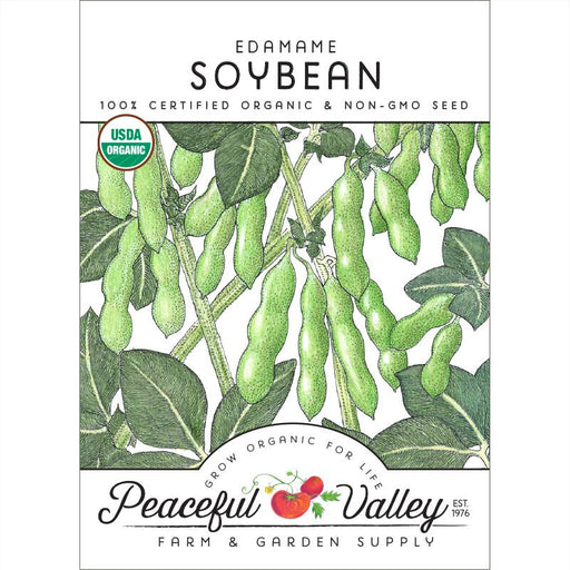 USDA Organic Edamame Soybean seeds. Non-GMO green pods on plant from Peaceful Valley Farm & Garden Supply.