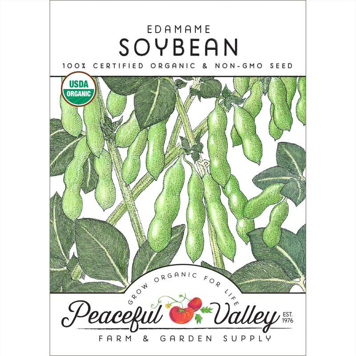 USDA Organic Edamame Soybean seeds. Non-GMO green pods on plant from Peaceful Valley Farm & Garden Supply.