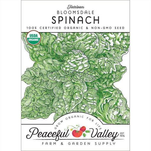 Heirloom Bloomsdale Spinach organic non-GMO seed packet from Peaceful Valley Farm & Garden Supply with USDA logo.