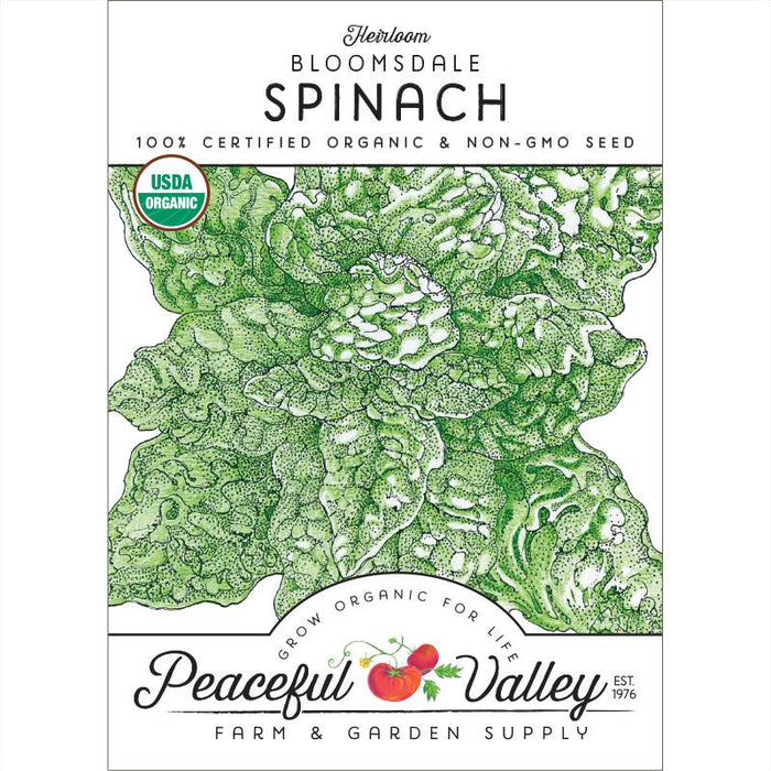 Heirloom Bloomsdale Spinach organic non-GMO seed packet from Peaceful Valley Farm & Garden Supply with USDA logo.