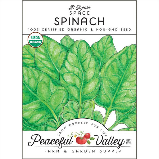 F1 Hybrid Space Spinach seed packet. USDA Organic, Non-GMO seeds for gardening from Peaceful Valley.