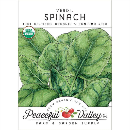 Verdil Spinach organic non-GMO seed packet. USDA Organic. Peaceful Valley Farm & Garden Supply.