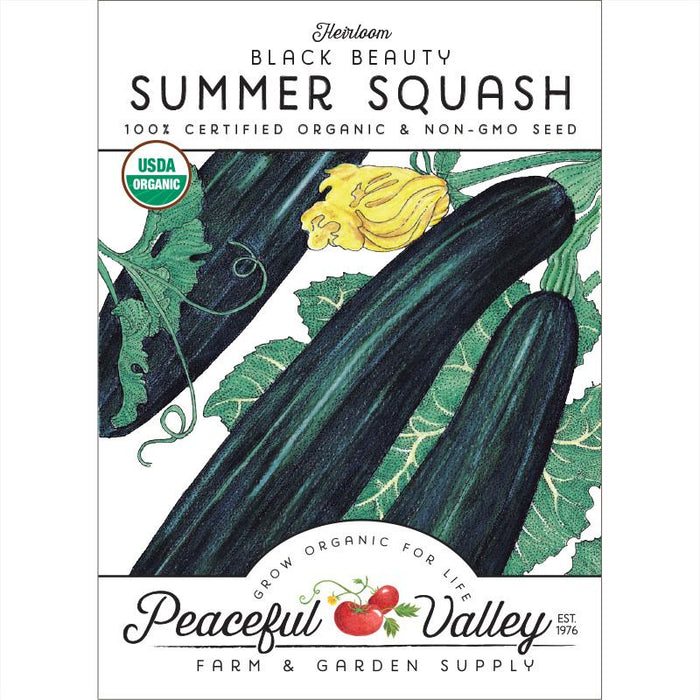 Heirloom Black Beauty Summer Squash organic non-GMO seed packet. Dark green squash, yellow flower, USDA Organic seal.