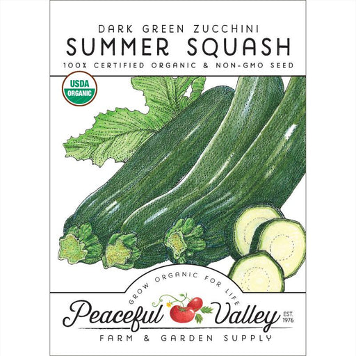 Dark green zucchini summer squash seed packet. Organic, Non-GMO vegetable seeds from Peaceful Valley.